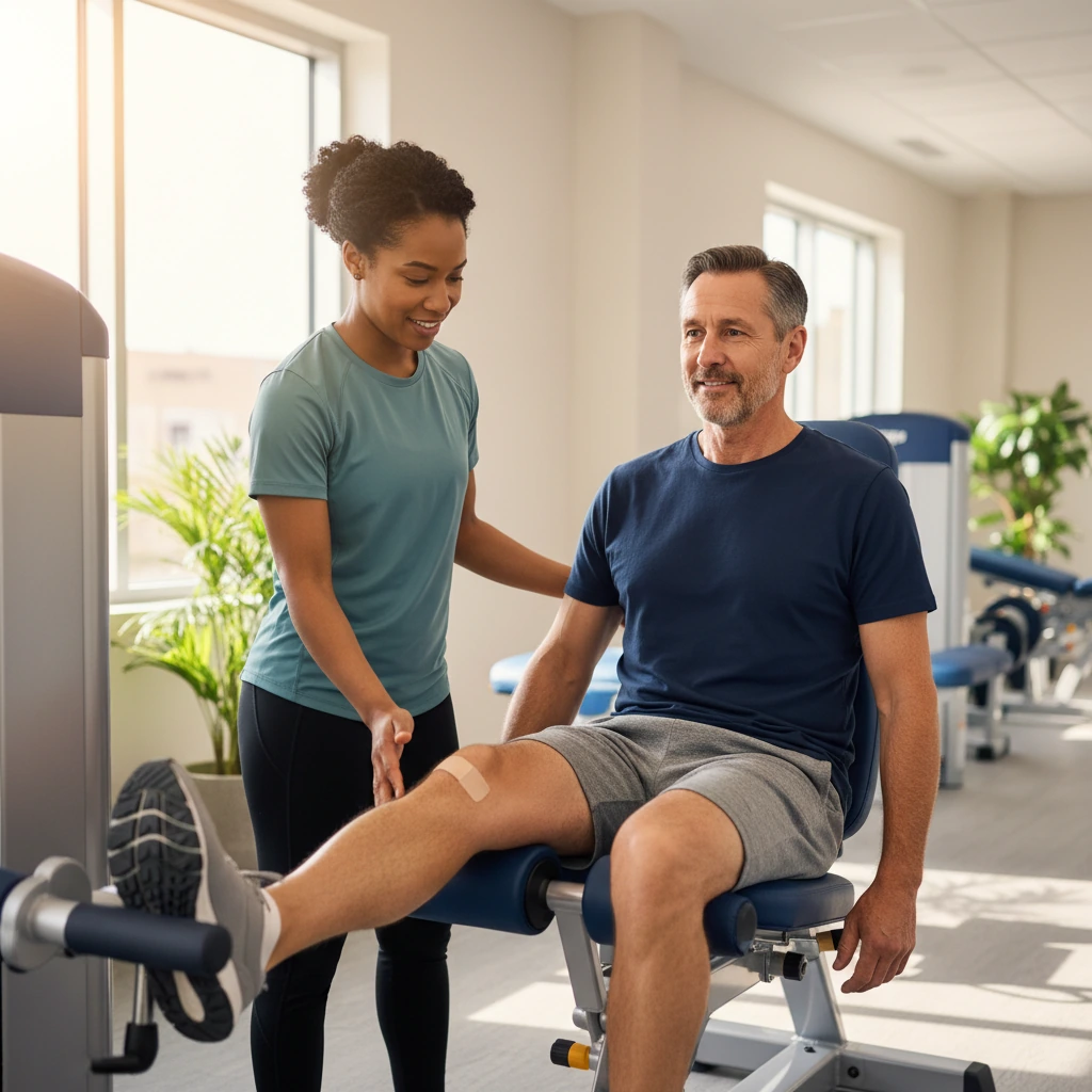 Therapist coaching lower-extremity rehabilitation exercise in clinic at Dynamic Physical Therapy