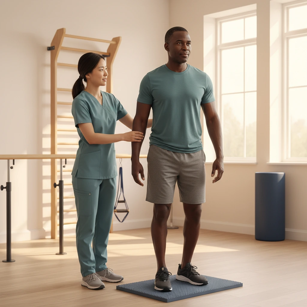 Physical therapist meeting one-on-one with a patient during a calm rehabilitation assessment session