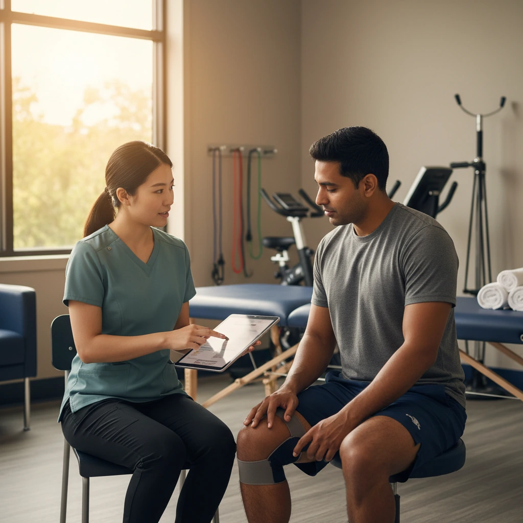 Physical therapist meeting one-on-one with a post-surgical patient during an early rehabilitation session