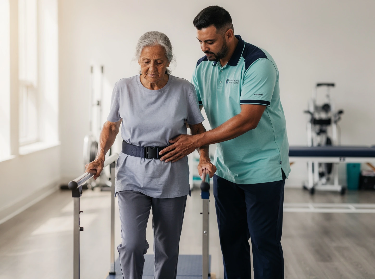 Therapist supporting an older adult during geriatric rehabilitation