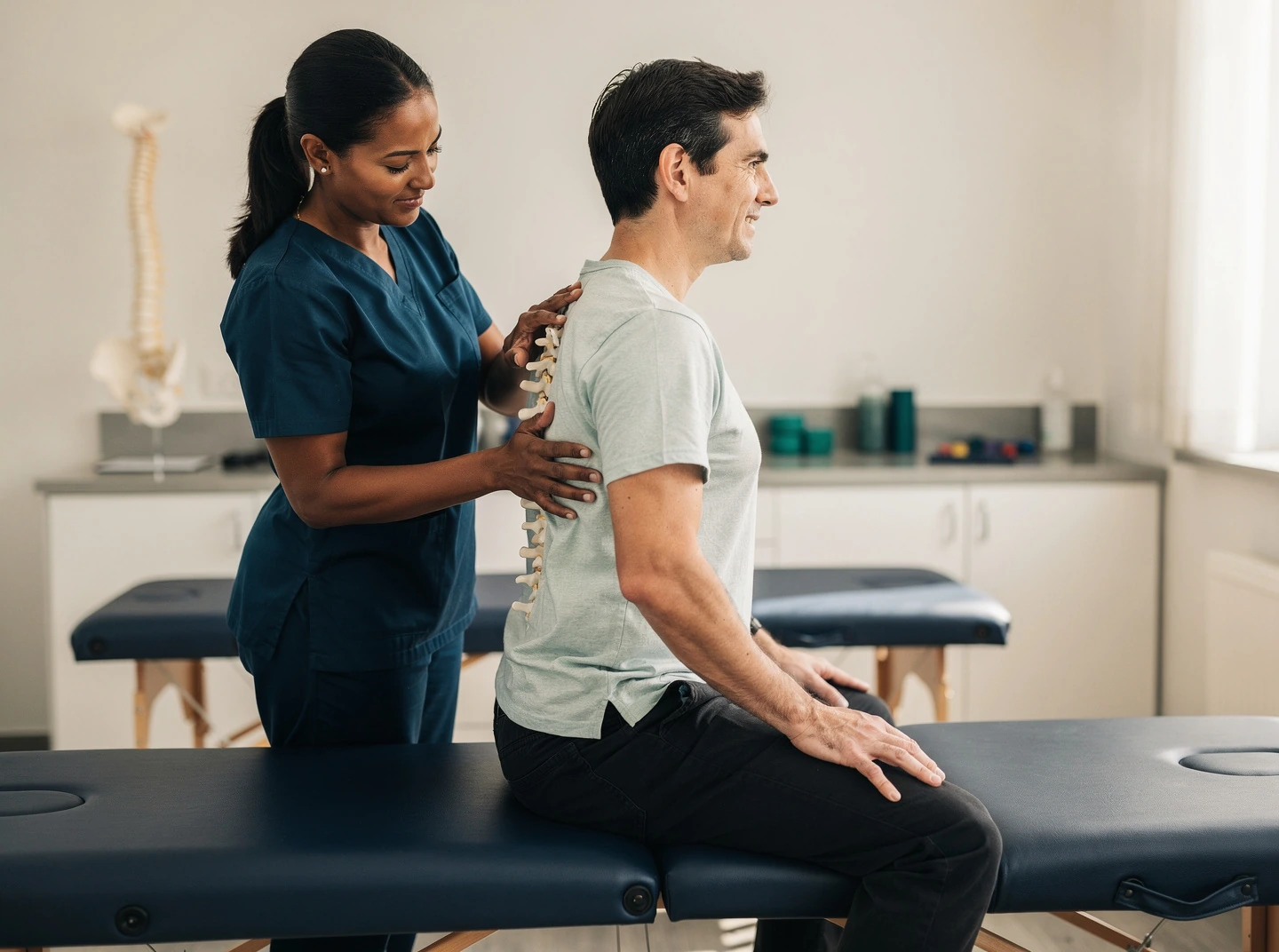 Therapist assisting a patient with spine rehabilitation exercises