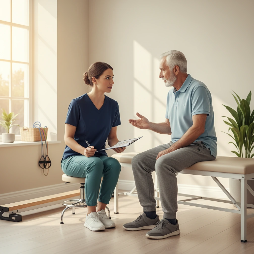 Older adult performing balance exercises with physical therapist guidance