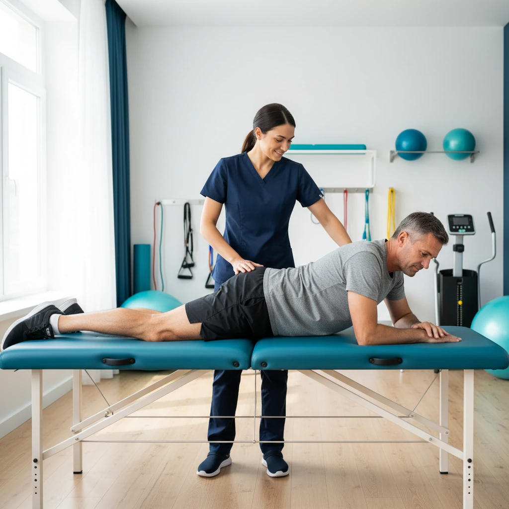 Adult patient receiving guided physical therapy for back pain and sciatica relief