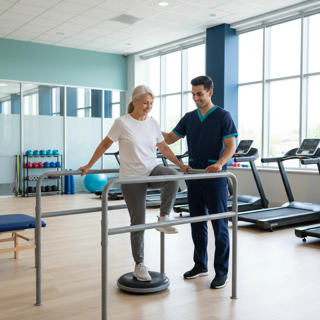 Older adult participating in therapist-guided fall prevention and mobility training