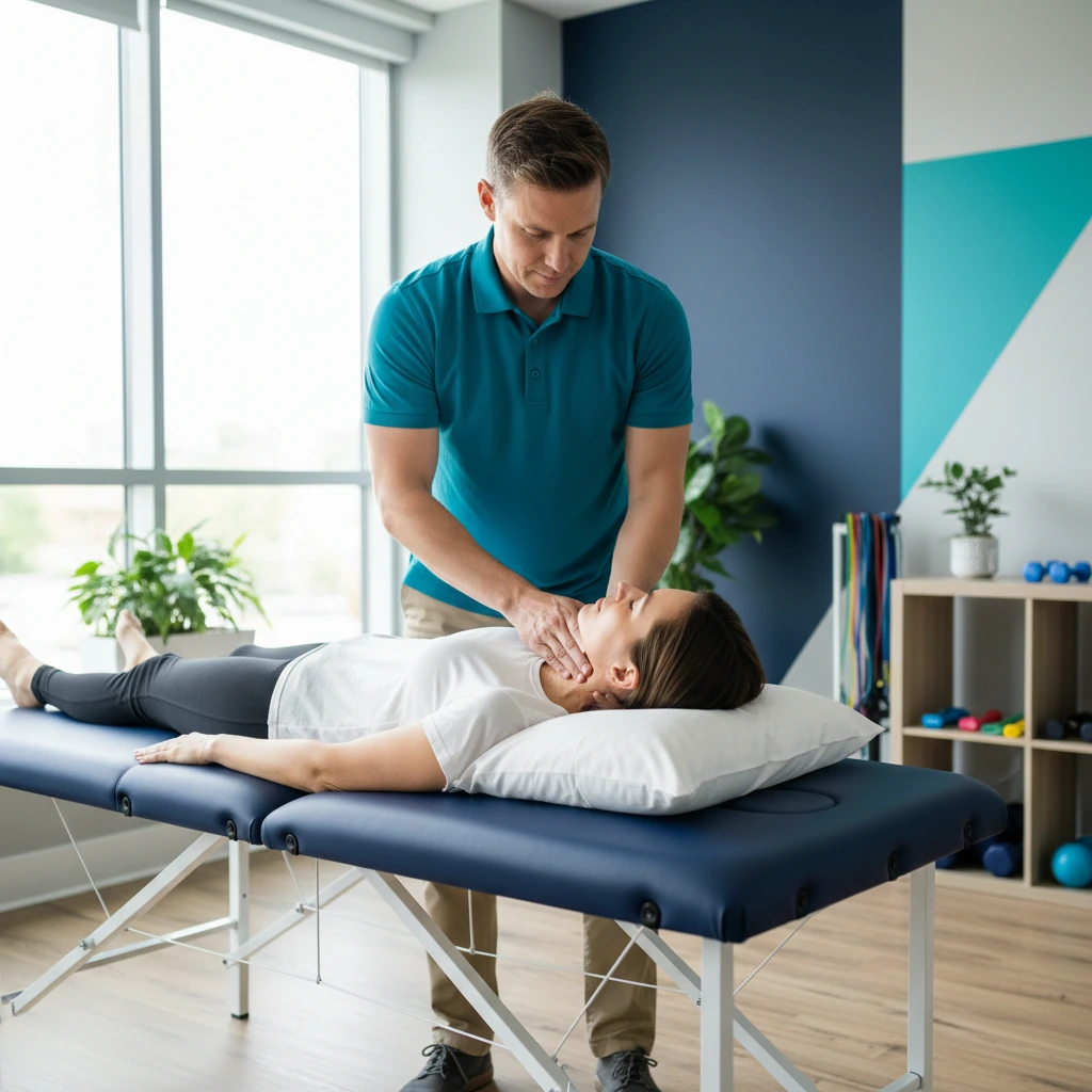 Patient receiving physical therapy care for headache and migraine-related neck tension