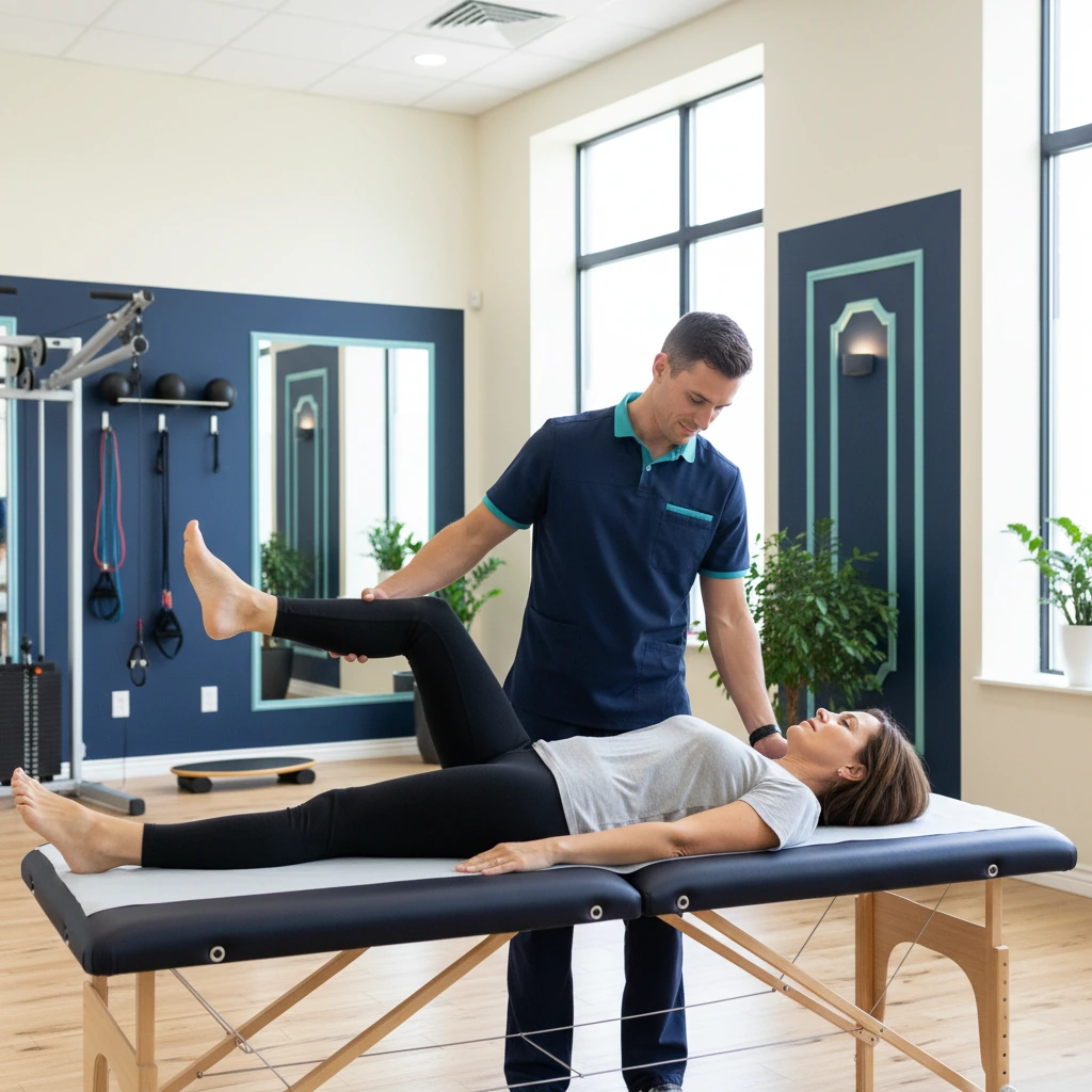 Therapist assisting a patient with hip pain treatment and guided movement