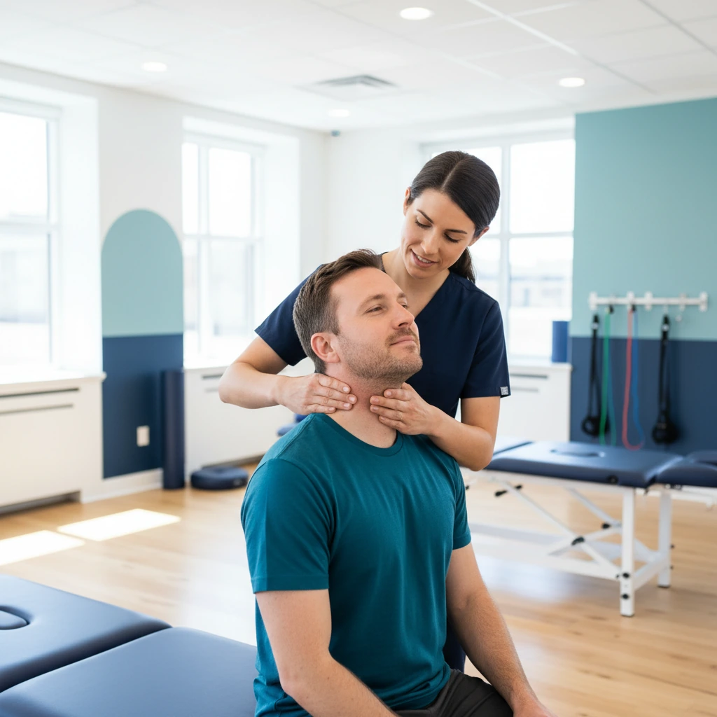 Therapist treating an adult patient for neck pain and cervical stiffness