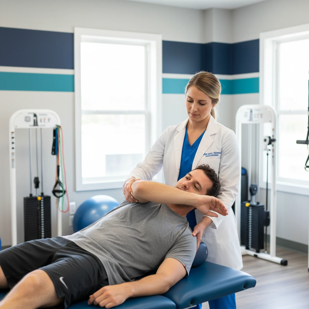 Shoulder rehabilitation session with a therapist helping a patient move through treatment