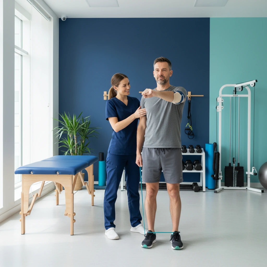 Physical therapist helping a patient recover from a workplace injury