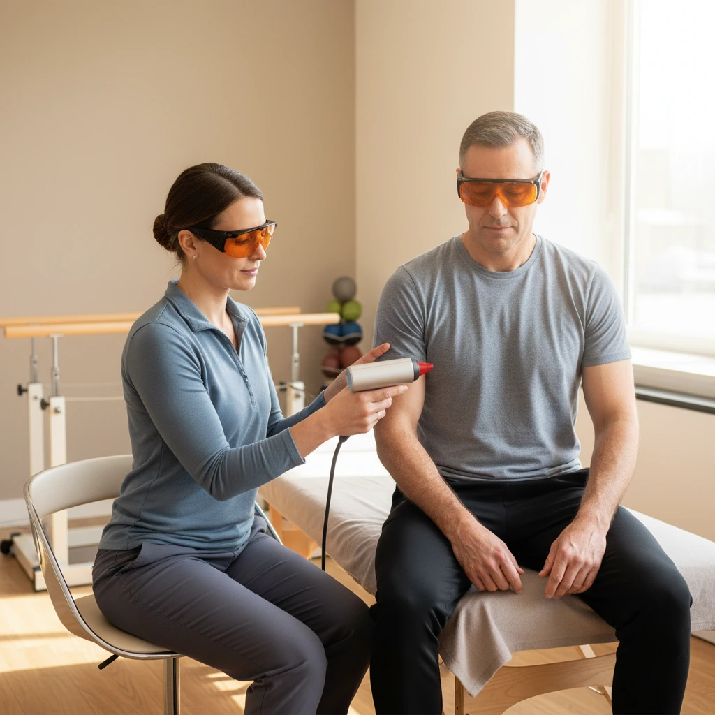 Female therapist demonstrating a handheld photobiomodulation laser to a seated patient — both wearing protective orange laser safety eyewear during a Dynamic Physical Therapy session