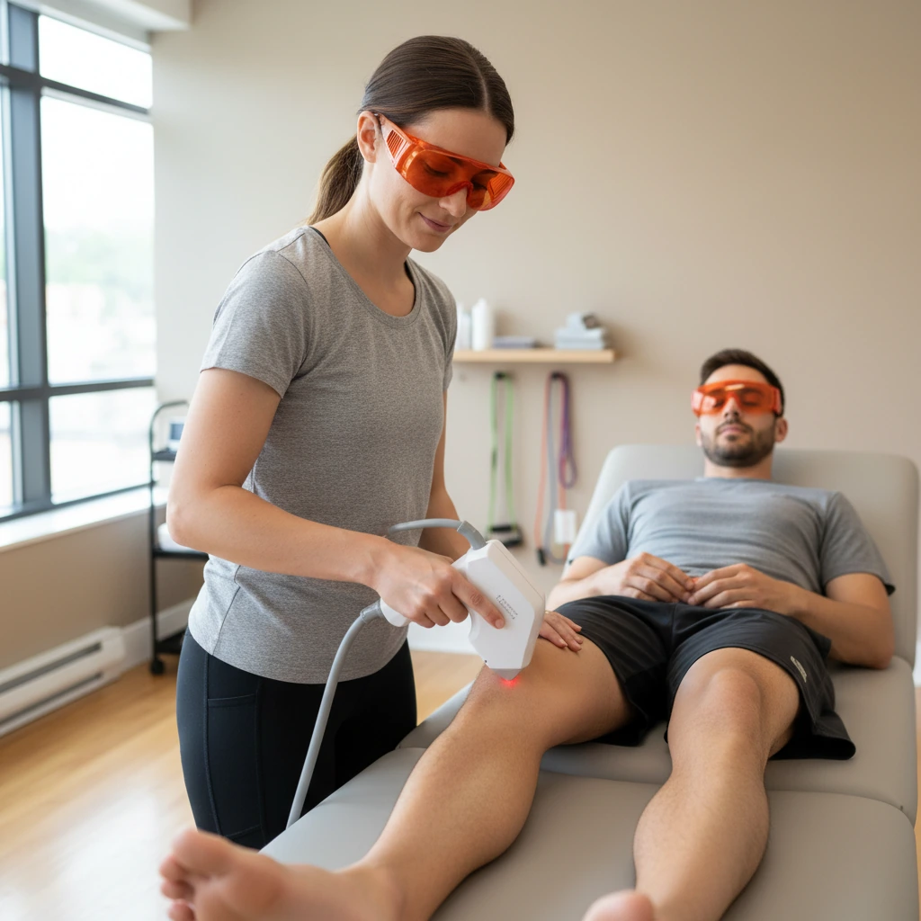 Therapist and patient both wearing protective laser safety eyewear during a photobiomodulation knee treatment at Dynamic Physical Therapy