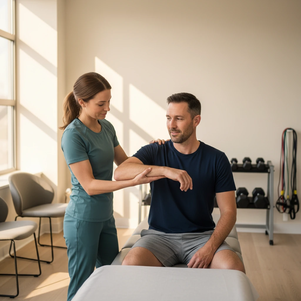 Physical therapist guiding a patient during one-on-one rehabilitation in a bright clinic