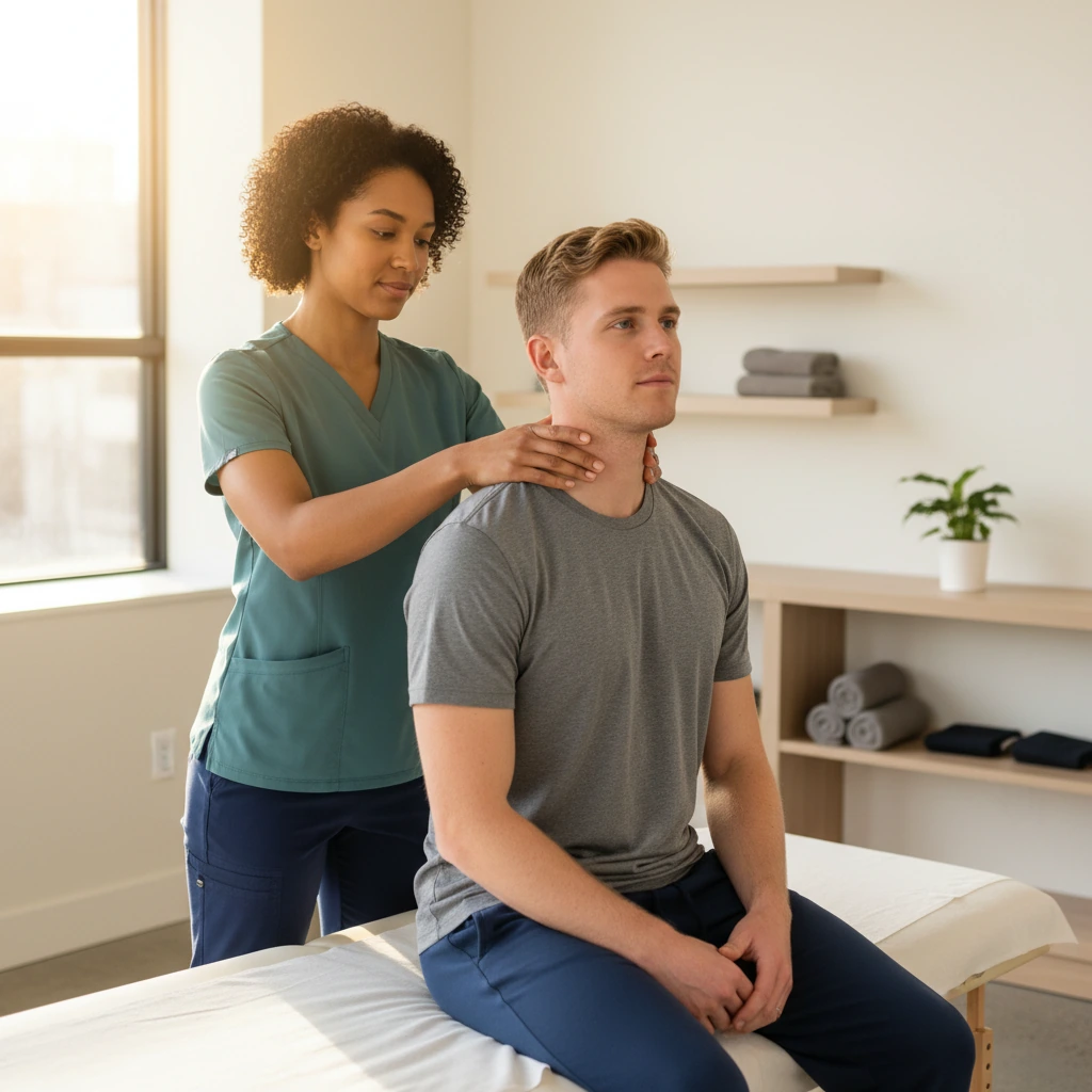 Physical therapist performing hands-on manual therapy on a patient