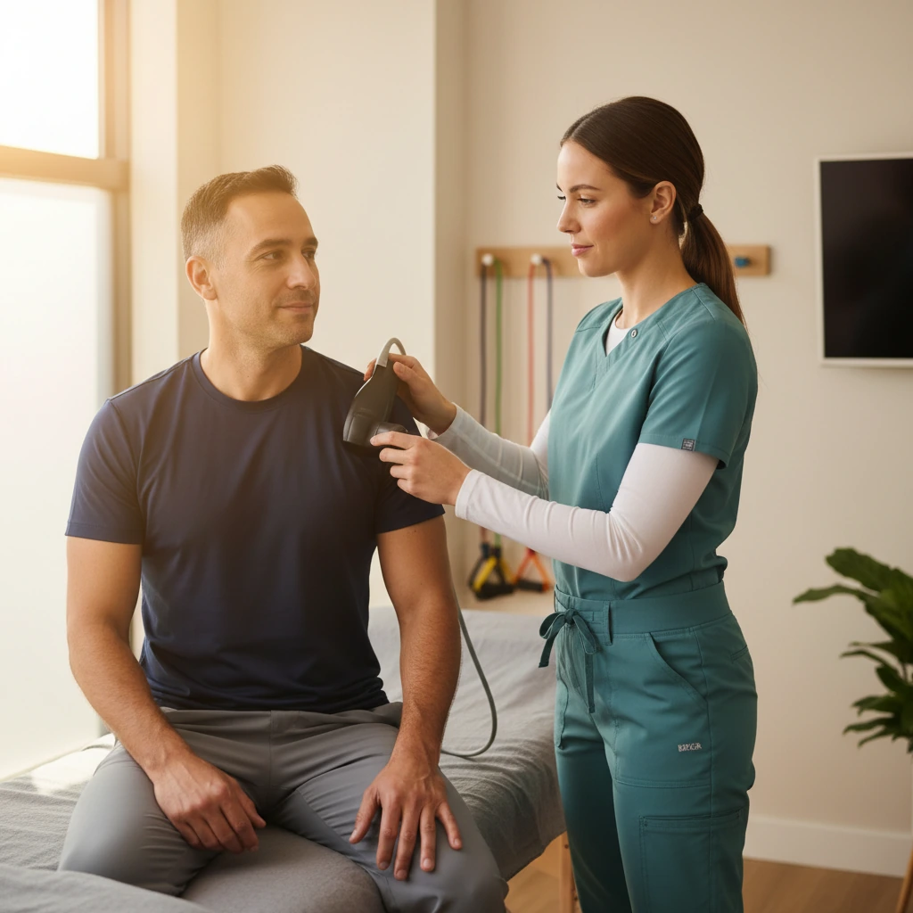 Therapist performing a musculoskeletal ultrasound shoulder assessment during an in-clinic diagnostic visit