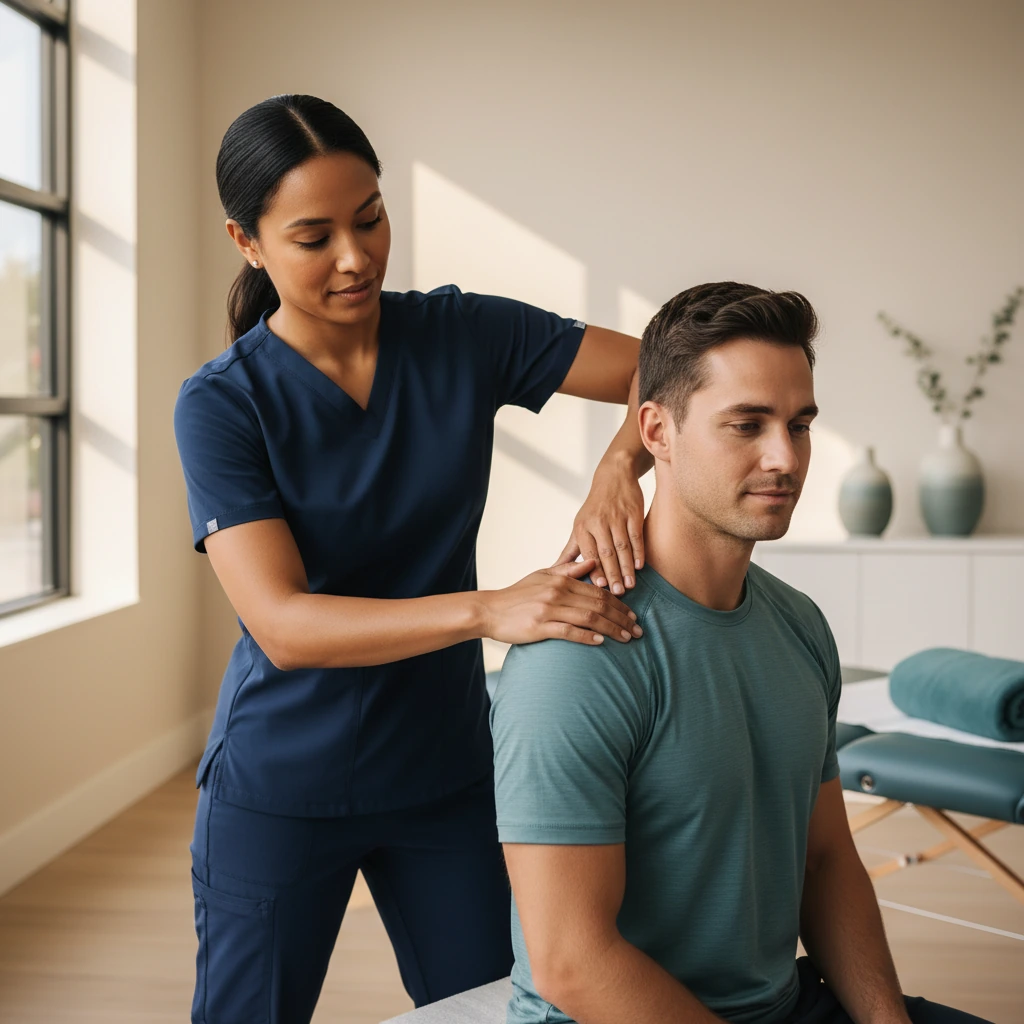 Physical therapist providing hands-on upper back and shoulder manual therapy treatment