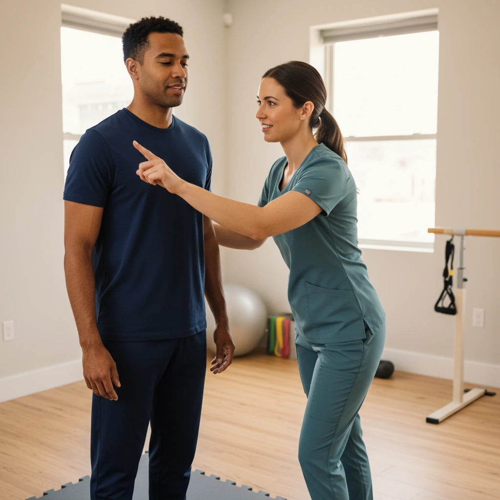 Physical therapist guiding a patient through balance exercises during vestibular rehabilitation